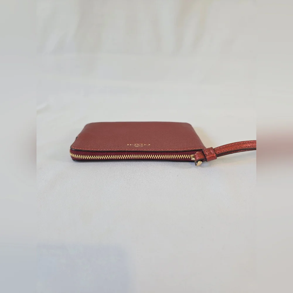 Coach Leather Wristlet Corner Zip Metallic Red Cherry Maroon Rust Wallet Clutch - Picture 4 of 10